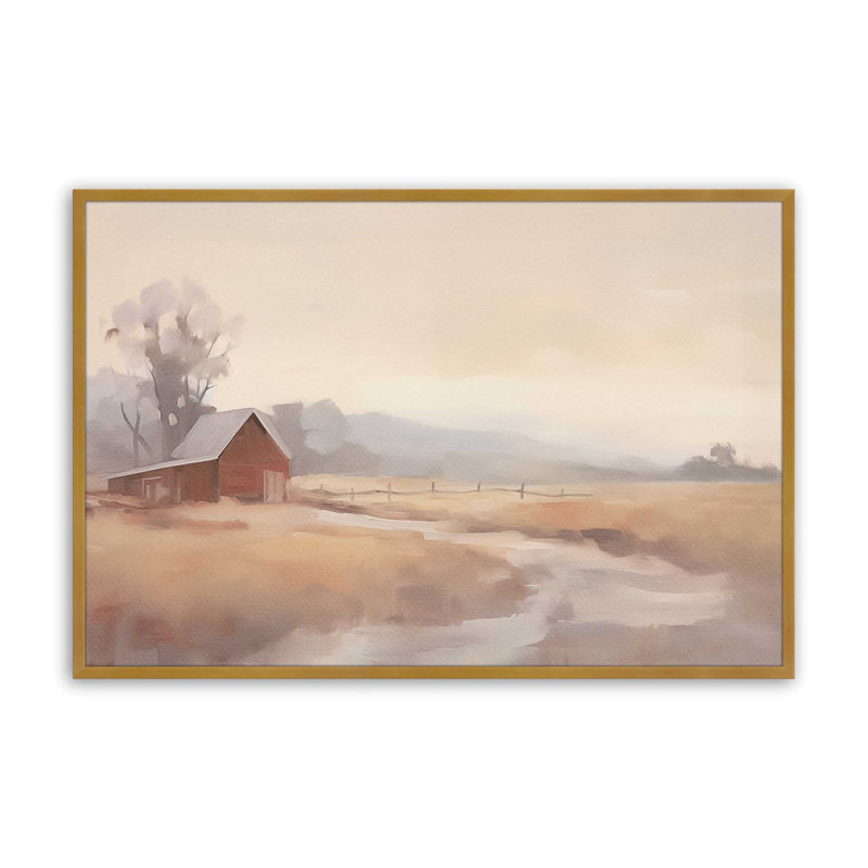 Misty Countryside Barn, Polished Gold Framed, 25.25" H x 37.25" W