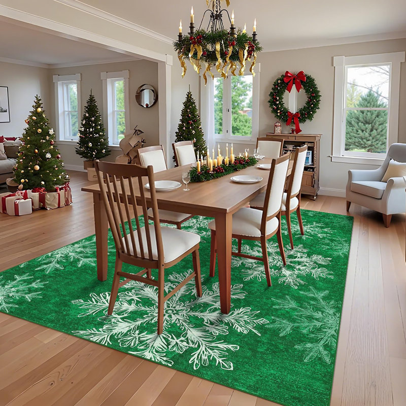 9x12ft  Christmas Snowflakes Printed Area Rug Washable Non Slip,Soft Indoor Carpets,Low Pile Xmas Decoration Rugs