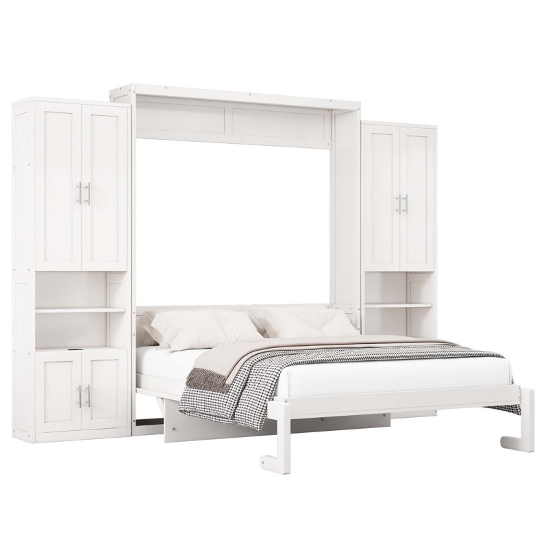 Lit escamotable multifonction en bois avec tablette de rangement latérale, Grand lit