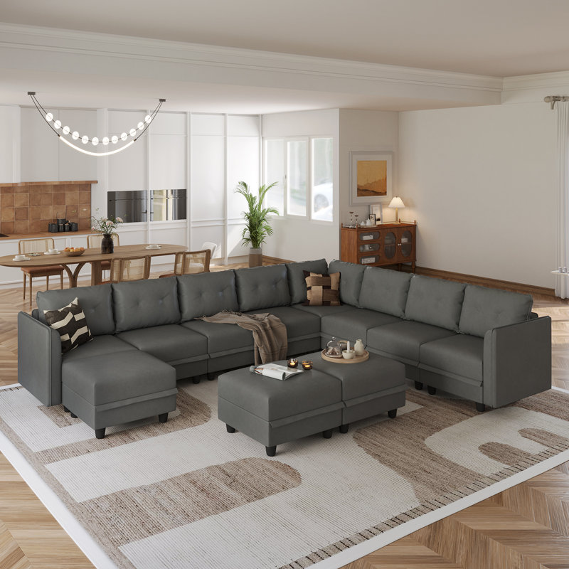 Edorta Upholstered U-Shaped Sectional, Gray Polyester