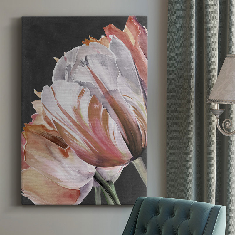 Pastel perroquet tulipes III - peinture sur toile tendue, H 48 po x l 32 po x P 1,5 po