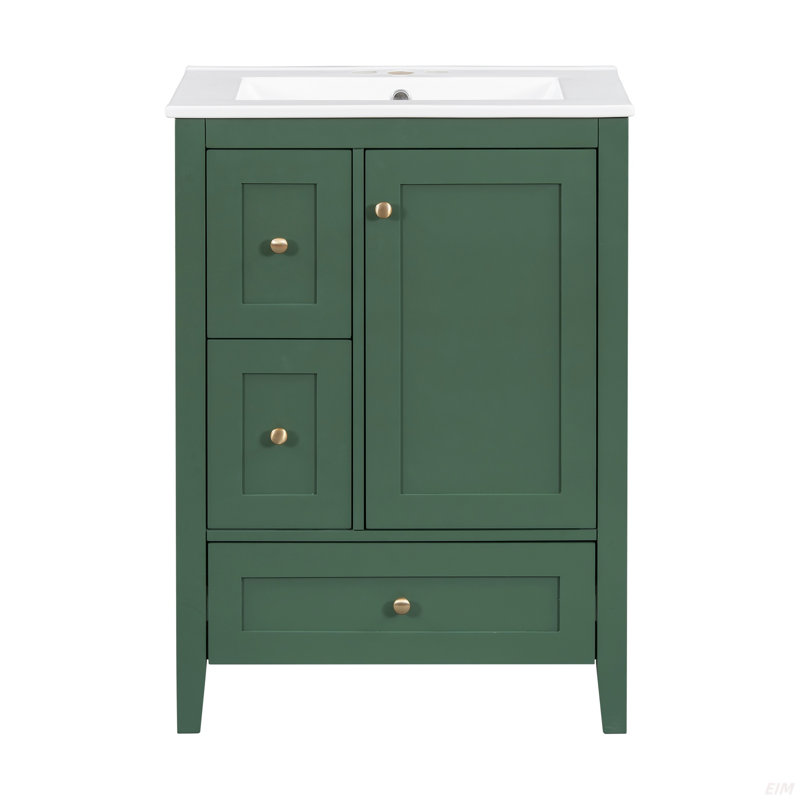 24-Inch Bathroom Vanity With Storage, Adjustable Shelf, MDF & Rubberwood, Removable Dividers, Dark Green