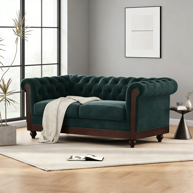 Velvet Loveseat with Rolled Arm and Tufted Button back, Dark Green
