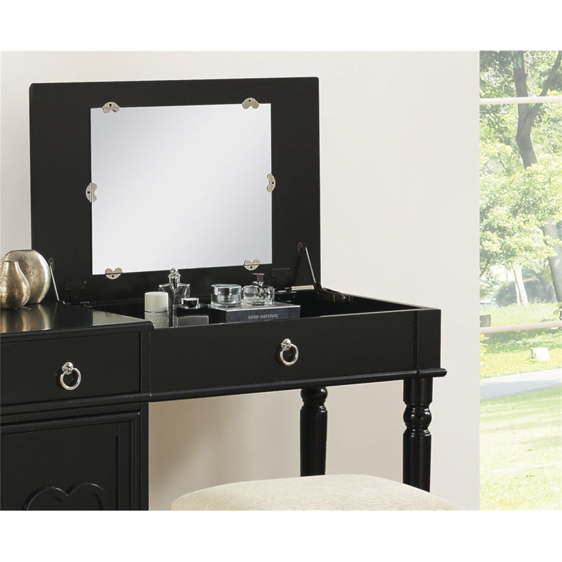 Ensemble de meuble-lavabo de chambre à coucher avec tabouret et tiroirs ouverts, Noir