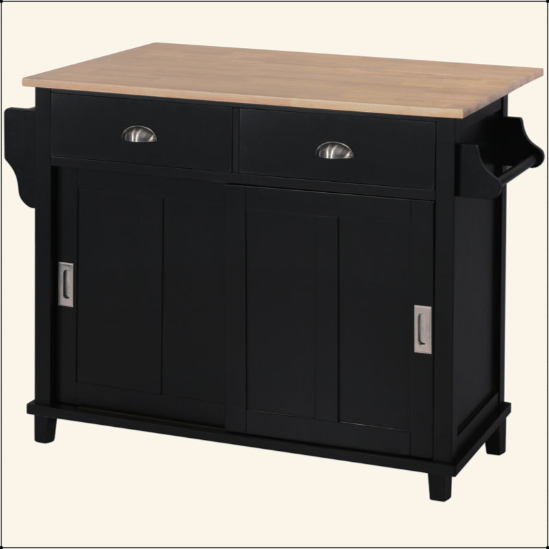 Chariot de cuisine avec comptoir à abattants en bois d'hévéa, porte de grange coulissante dissimulée à hauteur réglable, îlot de cuisine sur 4 roues avec armoire de rangement et 2 tiroirs, L 52,2 x l 30,5 x H 36,6 po, noir