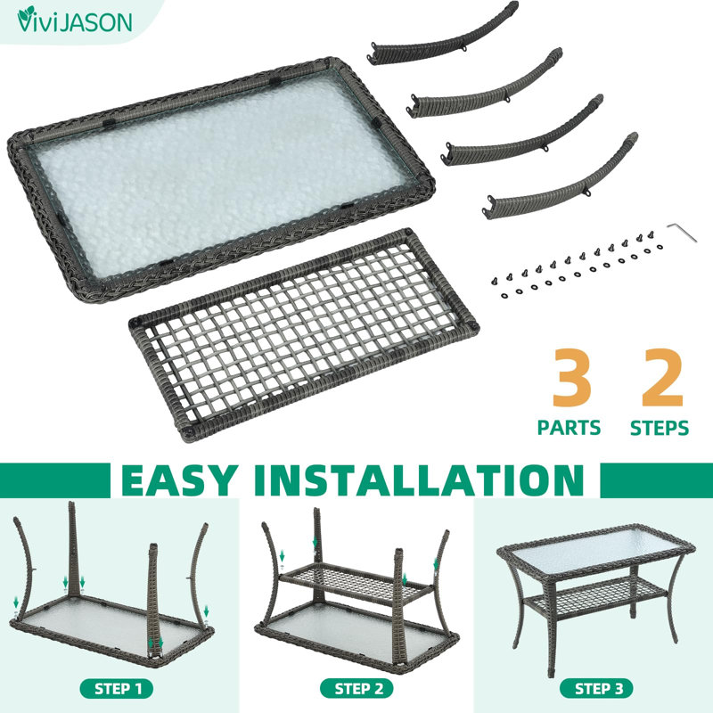 Wicker Patio Coffee Table, 34.48" Rectangle Outdoor Coffee Table With Tempered Glass Top And 2-Tier Storage Shelf, All-Weather Rattan Patio Side Table For Outside Poolside Deck Garden, Gray