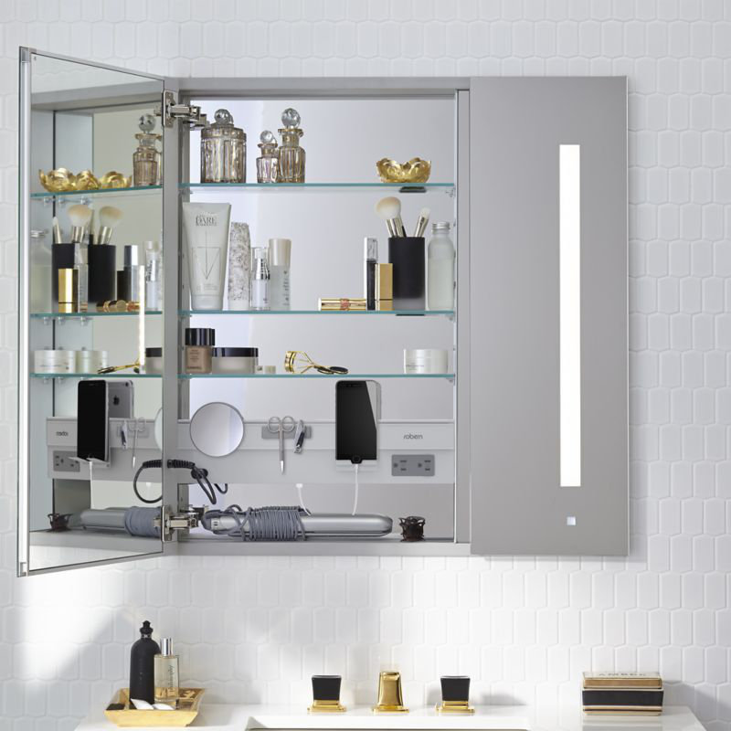 AiO Recessed Framed Medicine Cabinet with 3 Adjustable Shelves and LED Lighting, 39.375" H x 23.25" W x 4" D, Left
