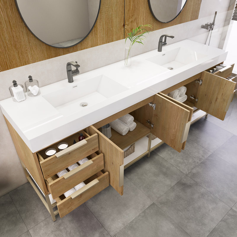 Marceia 83.4'' Double Bathroom Vanity with Acrylic Top, Oak