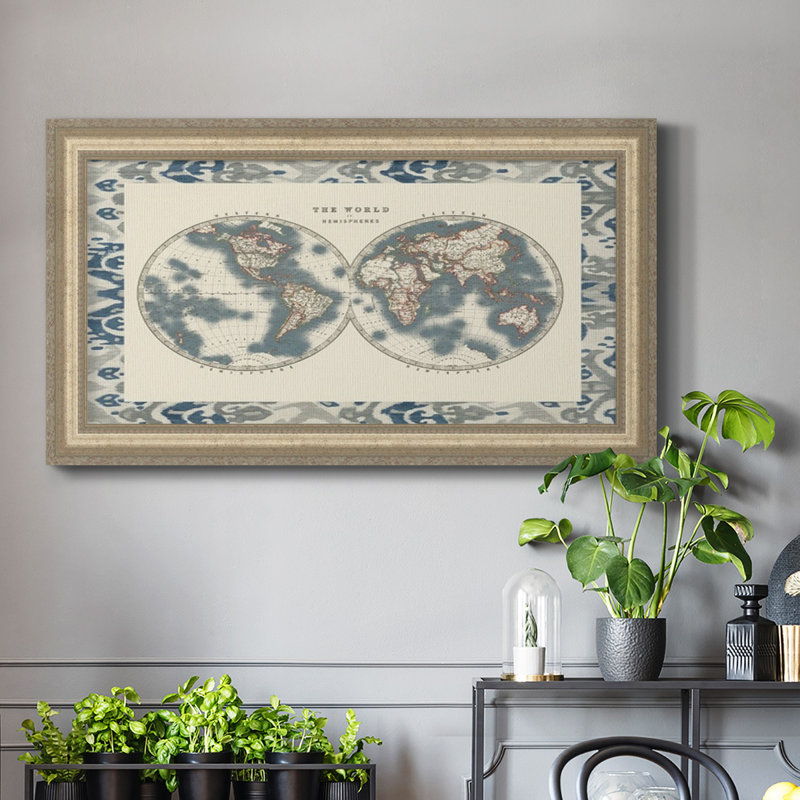 " Bordered World Hemispheres ", 21" H x 37" W x 2.5" D