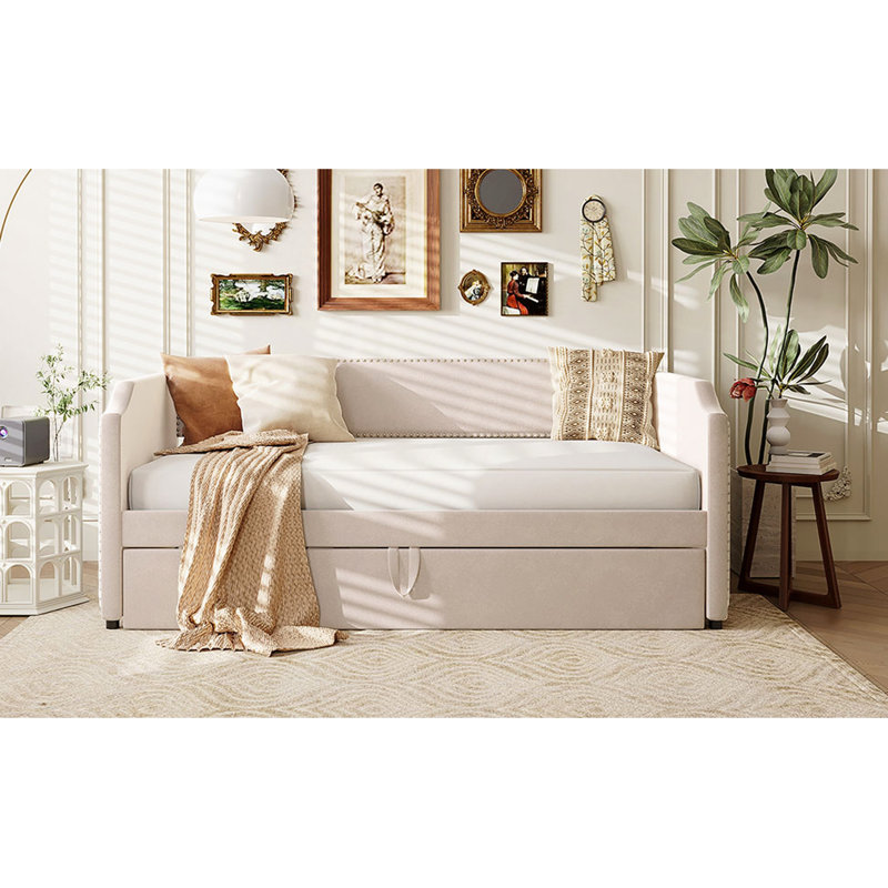 Velvet Upholstered Daybed With Pop Up Trundle, Beige