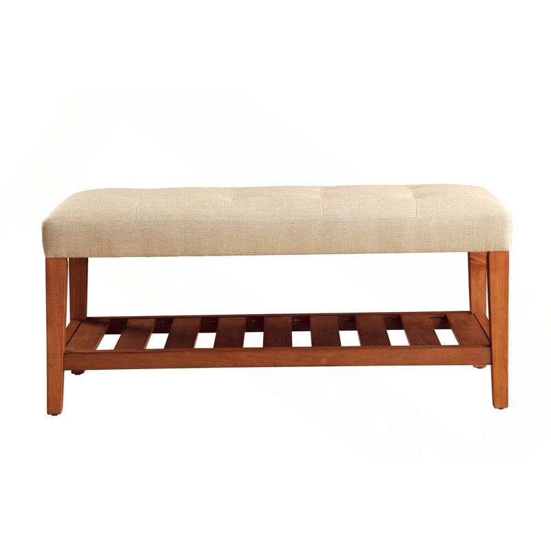 Banc de hall d'entrée en tissu avec cadre en bois avec siège rembourré capitonné et tablette de rangement à lattes pour le salon