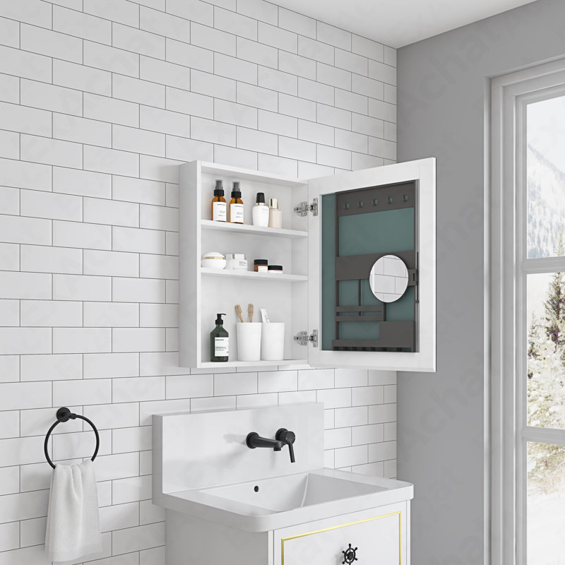 Armoire à pharmacie avec miroir à bords biseautés, porte à ouverture sur la droite et porte sans cadre l 20 po x H 26 po