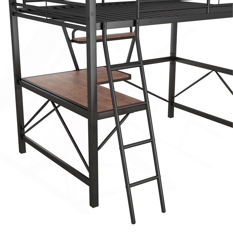 Lit mezzanine double en métal et panneau de fibres à densité moyenne avec bureau et tablette, noir