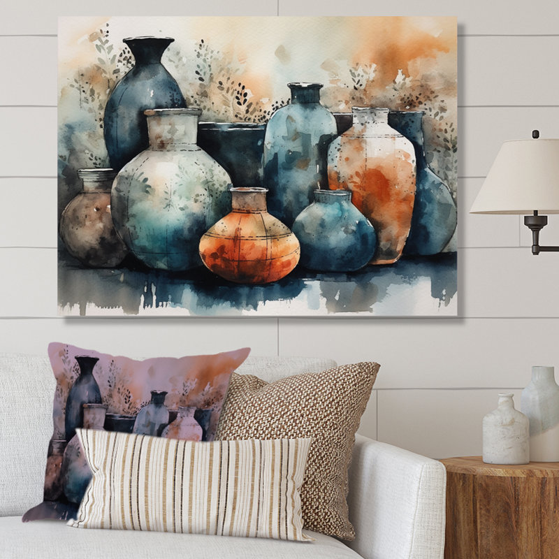 Art mural bleu et orange Kamani - art mural Boho Pottery II, H 24 po x l 32 po x P 1 po, Toile tendue