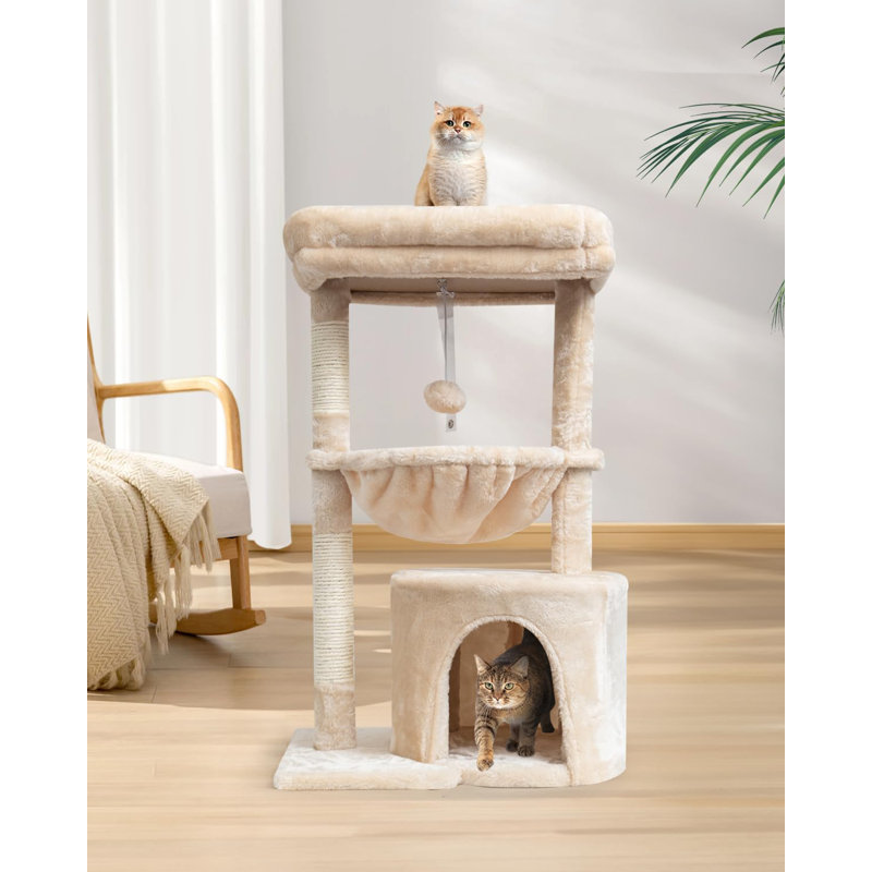 Arbre à chat pour chats d'intérieur, tour pour chat avec poteau à griffer, maison pour chat moderne avec perchoir rembourré, maisonnette pour chatons avec berceau, beige