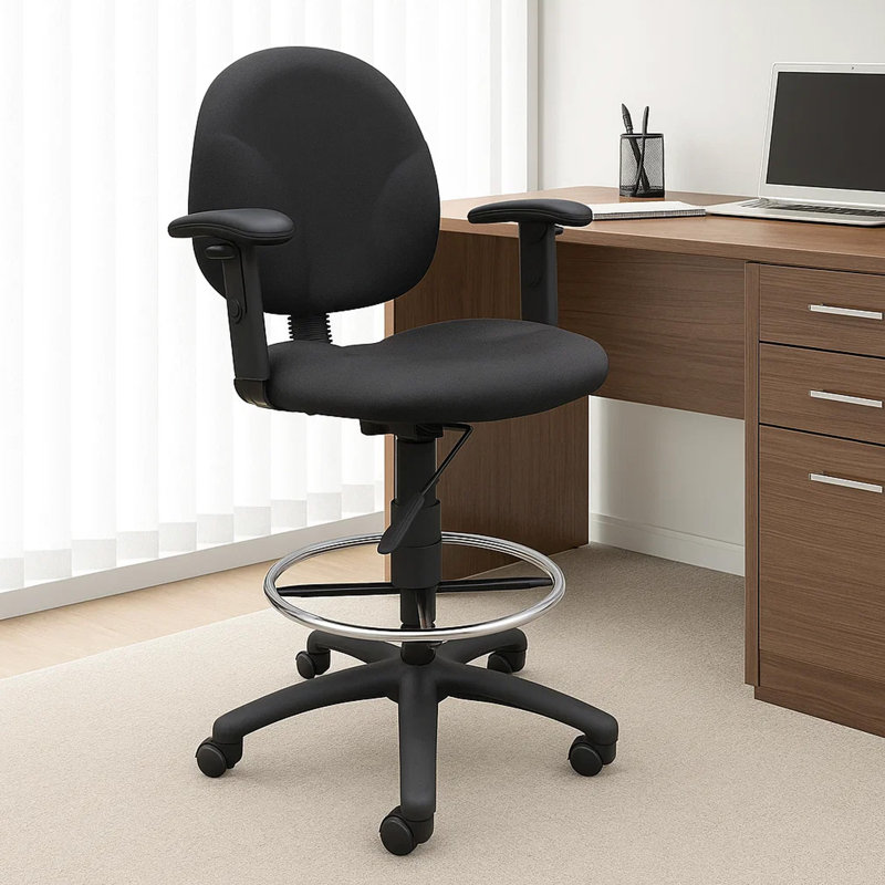 Zem Drafting Stool With Adjustable Arms & Chrome Footring, Black Crepe