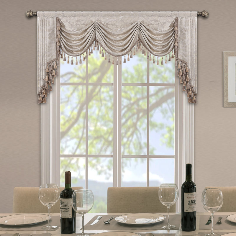 Elegant Swag Valance with Tassels, Beige Jacquard Waterfall Valance, Window Treatment 1 Panel, 79" W x 45" L