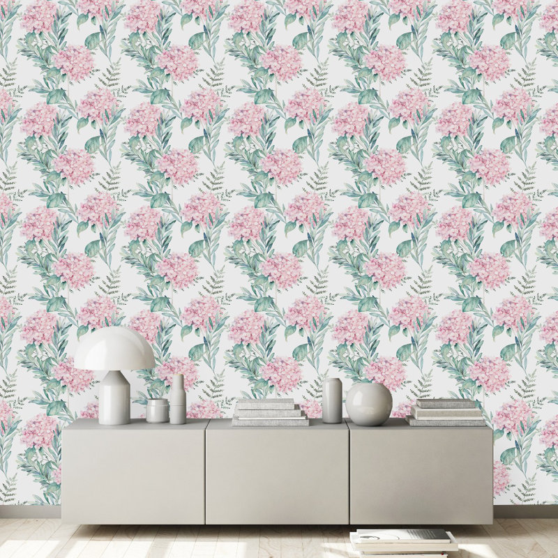 Papier peint blanc avec fleurs roses