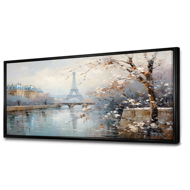Hiver Paris, Tour Eiffel, charme de ville I - Paris, art mural, Cadre flottant noir, H 28 po x l 60 po x P 1,5 po