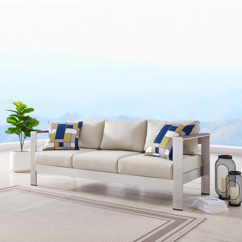 Shore Outdoor Patio Aluminum Sofa, Silver Beige