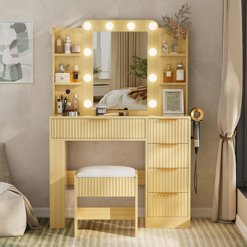 Vanity Table With Mirror And Lights, Vanity Desk And Cushioned Stool Set With Charging Station, Storage Drawers And Transparent Tabletop For Women Girls Bedroom