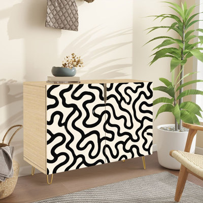 Sideboard Buffet Cabinet with Storage Abstract Black White Wavy Line Beige with 2 Doors for Living Room and Kitchen