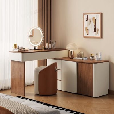 Bureau de coiffeuse moderne et extensible pour femmes et filles avec 5 tiroirs, 2 tablettes de rangement et un design sans poignée, blanc et noyer