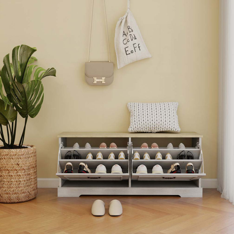 Banc de rangement pour chaussures avec 2 tiroirs rabattables et tablette réglable pour le hall d'entrée