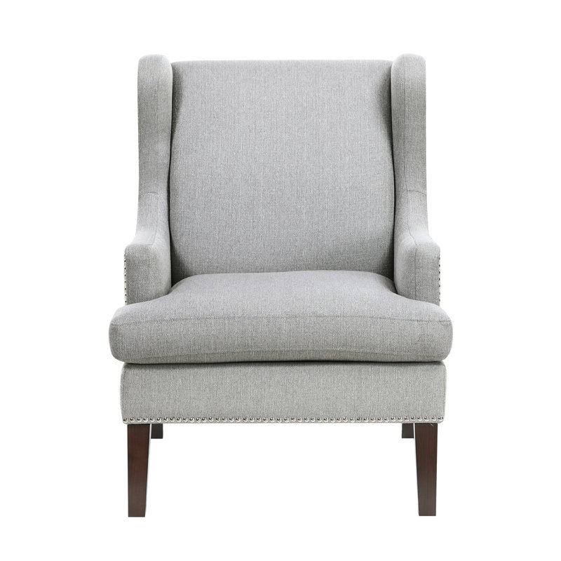 Chaise d'appoint grise pour le salon, rembourrée de mousse, largeur 33 po, chaise en contreplaqué à pieds bruns, tissu, largeur du produit