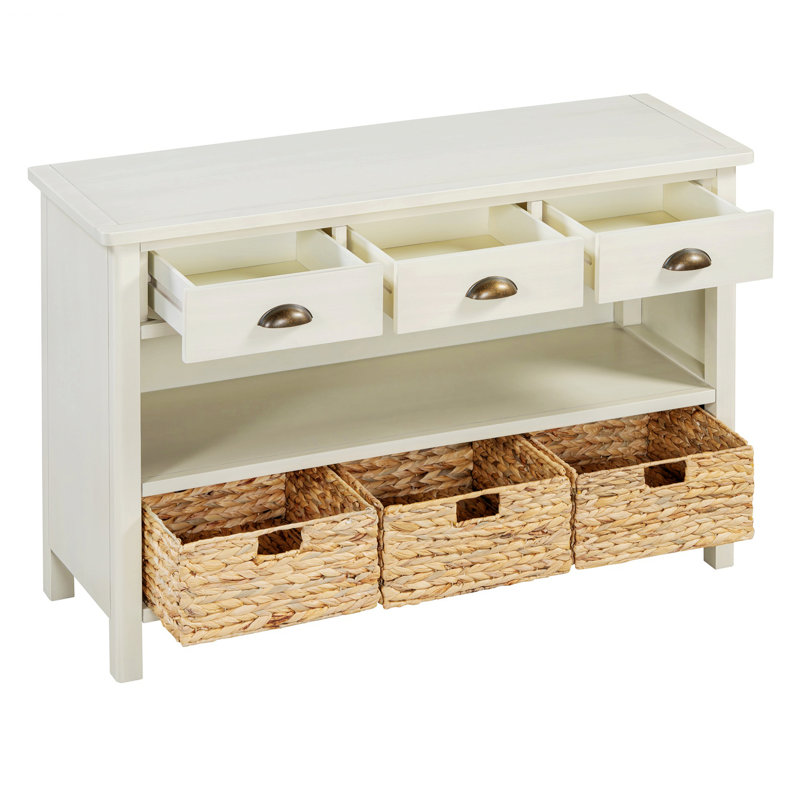 Console vintage en bois avec console et 3 paniers en jacinthe d'eau, Blanc antique