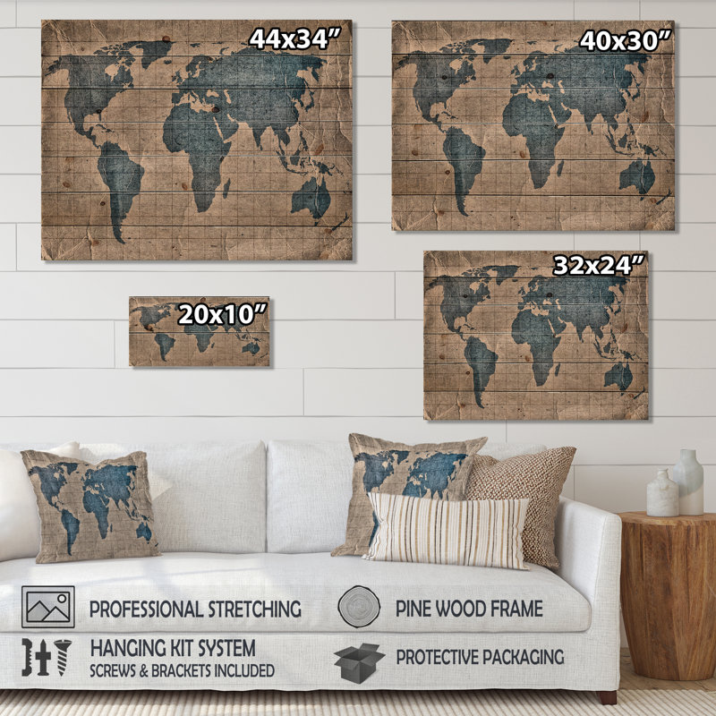 Ancienne carte du monde I - impression rustique sur bois de pin naturel, H 15 po x l 30 po x P 0,78 po