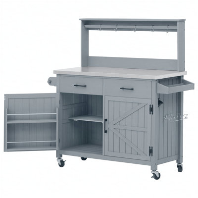 54.1" Outdoor Kitchen Island with High Shelf, Large Outdoor Potting Bench Table with Stainless Steel Top and Storage Cabinet, Solid Wood Grill Cart With Lockable Wheels for BBQ, Garden, Grey Blue