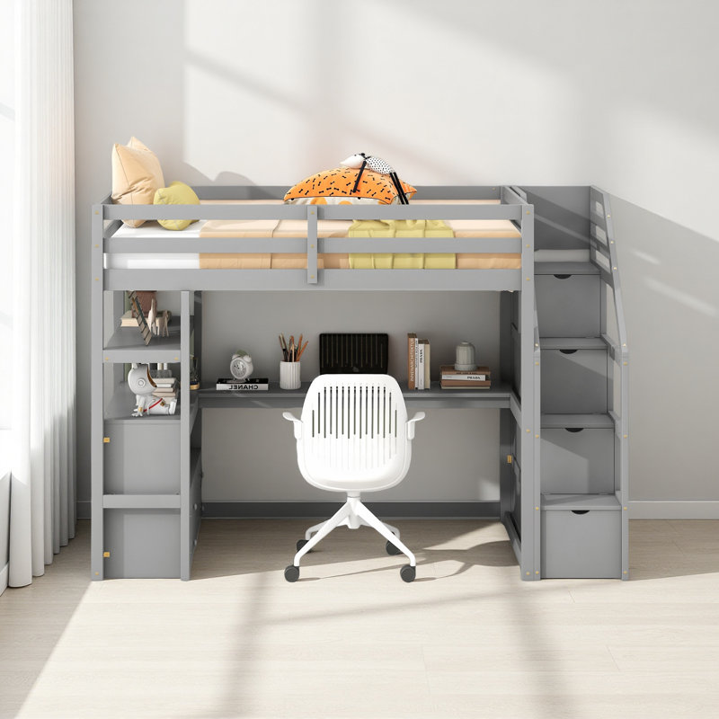 Lit mezzanine simple avec bureau et tablettes, deux tiroirs intégrés, escalier de rangement, Gris