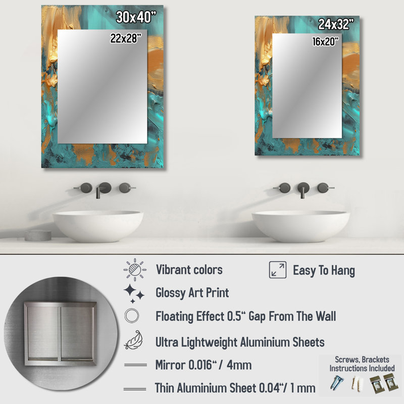 Golden Sunshine Wild Turquoise River Abstract II - Abstract Painting Decorative Mirror, Gold Wall Mirror, Printed Metal Art