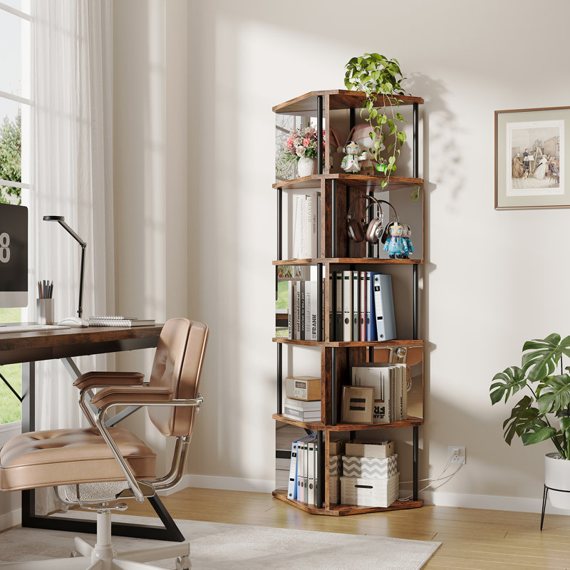 6-Tier Industrial Corner Bookshelf With LED Lights & Mirror Shelves For Living Room, Bedroom, Brown