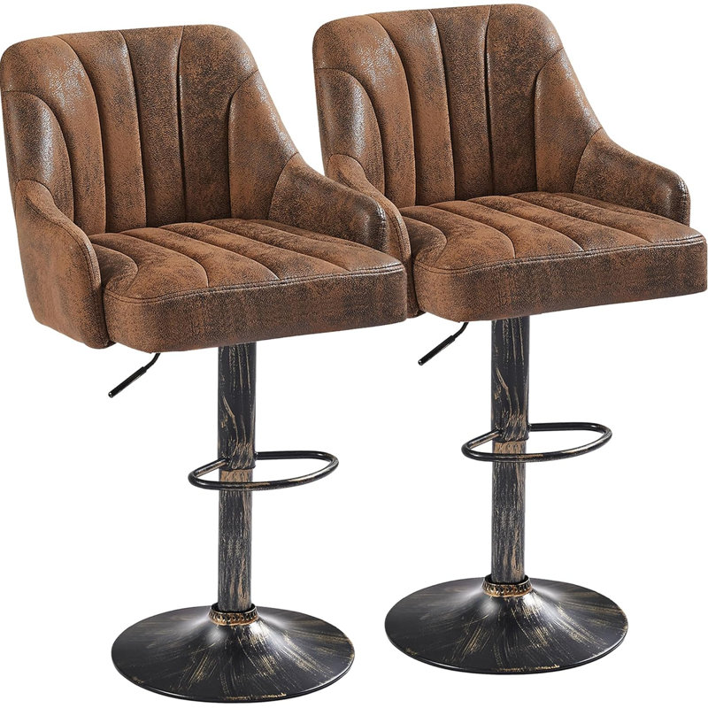 George Bar Stools Set of 2, Adjustable Swivel Barstools, Faux Leather Bar Chairs, Upholstered Counter Height with High Backrest Stool for Kitchen Island, Brown