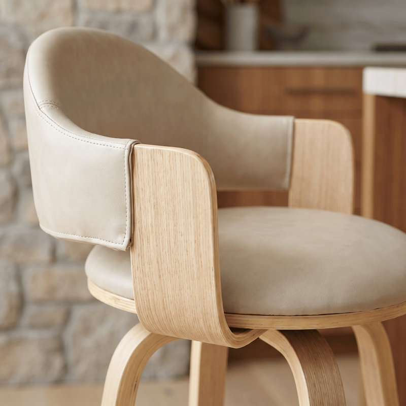 Tabouret de bar et de comptoir pivotant Mid-Century Corso avec dossier incurvé, siège rembourré et structure en bois, Latté