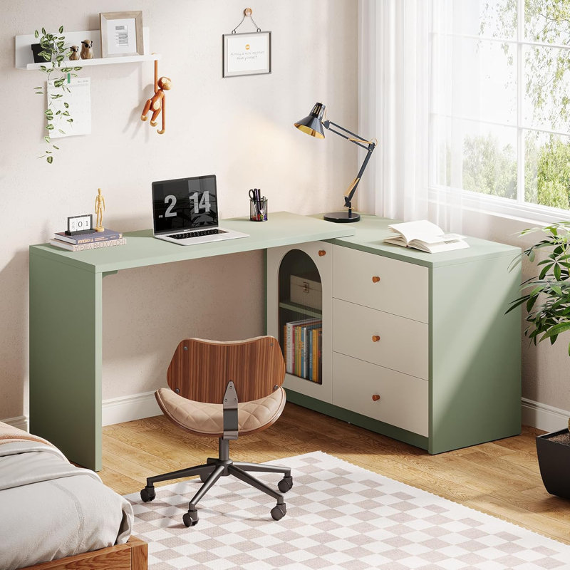  Rebacca L-Shaped Computer Desk, Corner Home Office Desk With Drawer Cabinet, Light Green