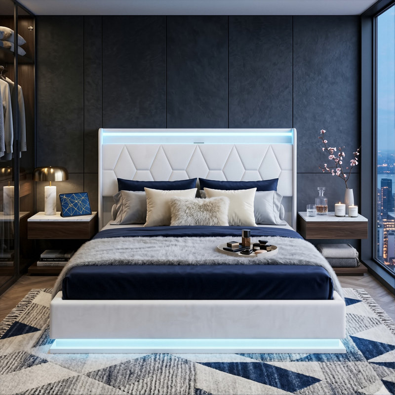European Double & King Size Velvet Ottoman Bed With Surround LED Lights, Storage Frame With Charging Port, White