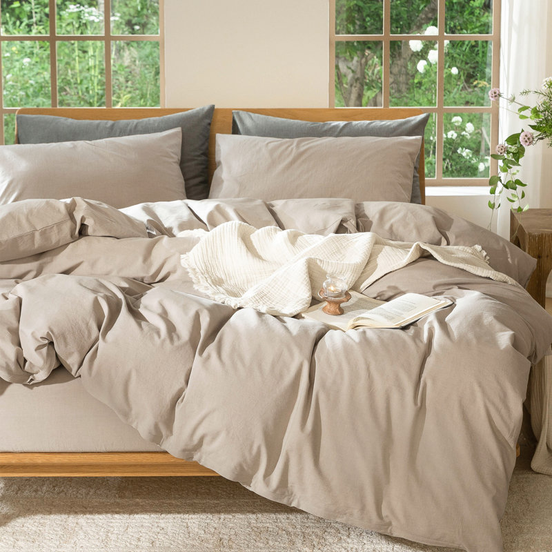 MooMee Lightweight Duvet Cover Set with Zipper Closure 8 Ties 100% Washed Cotton Linen Like Textured Soft Breathable All-Season