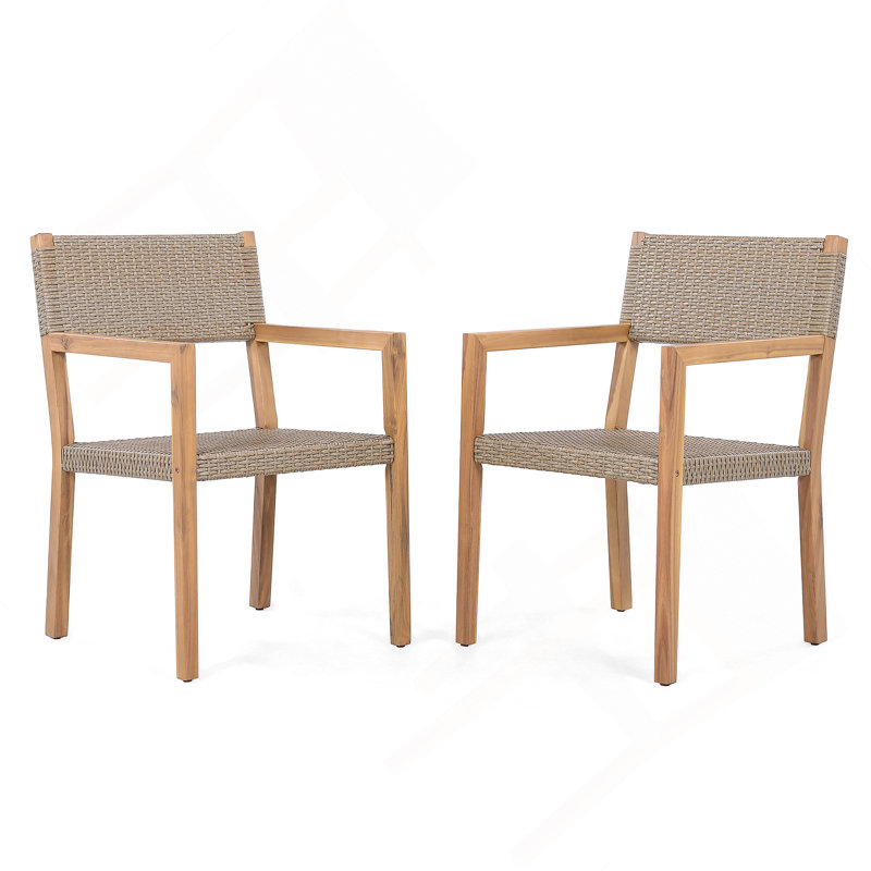 Ensemble de 2 chaises de salle à manger d'extérieur, structure en bois d'acacia teck clair et osier PE brun clair, idéal pour les patios et les jardins