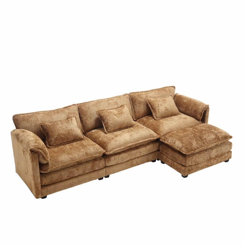 Millan 112" L Shaped Modular Sectional Sofa with Ottoman & Memory Foam, Brown Chenille