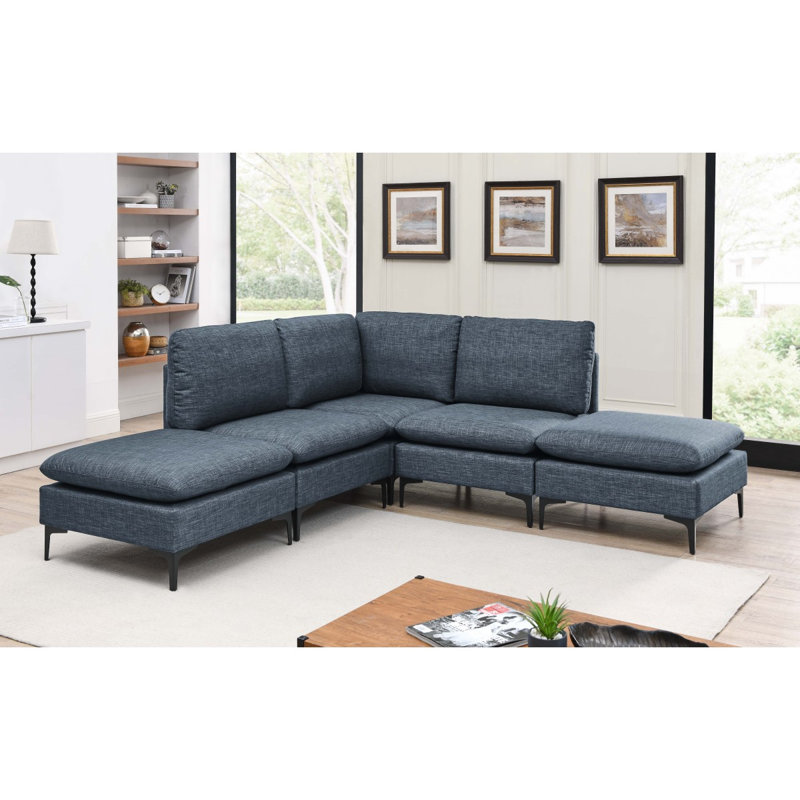 Canapé modulaire en lin rembourré avec pieds en métal, Bleu très foncé