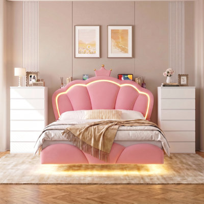 Ensemble de chambre à coucher de luxe 3 pièces avec nuage, lit plateforme tapissier en velours avec rangement caché et lumières DEL, commode moderne à 6 tiroirs avec design anti-basculement, ensemble de mobilier de chambre stable