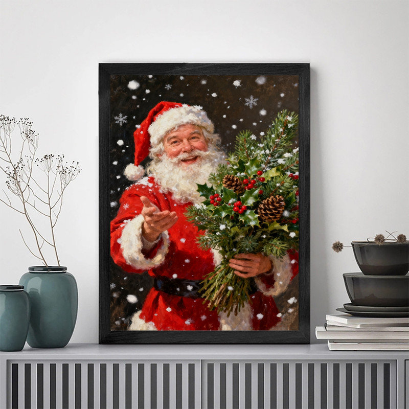 Art mural rétro noir de Noël avec père Noël - décorations festives classiques encadrées, H 11 po x l 9 po
