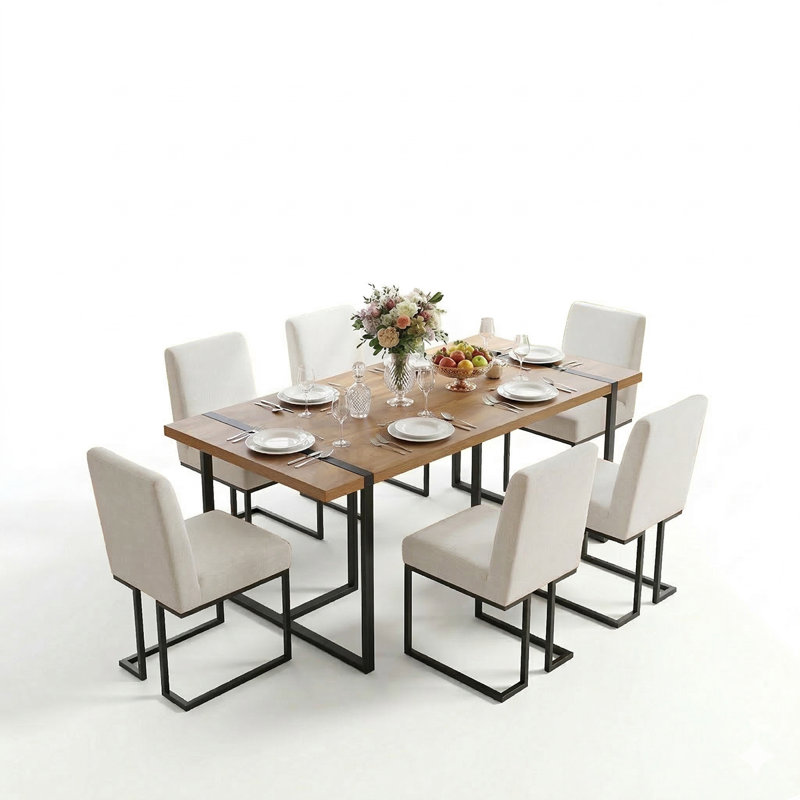 7-Piece Modern Rectangular Dining Table Set For 6 With Upholstered Dining Chairs, Cream