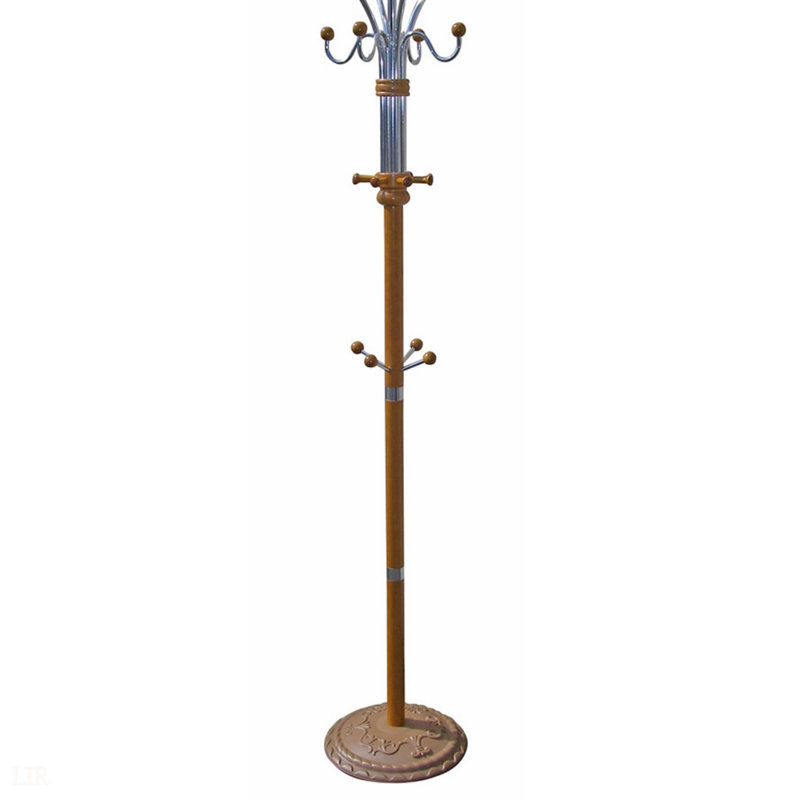 73 Inch Tall Chrome And Wood Coat Rack With Oak Finish, Durable And Stylish For Any Room, Oak