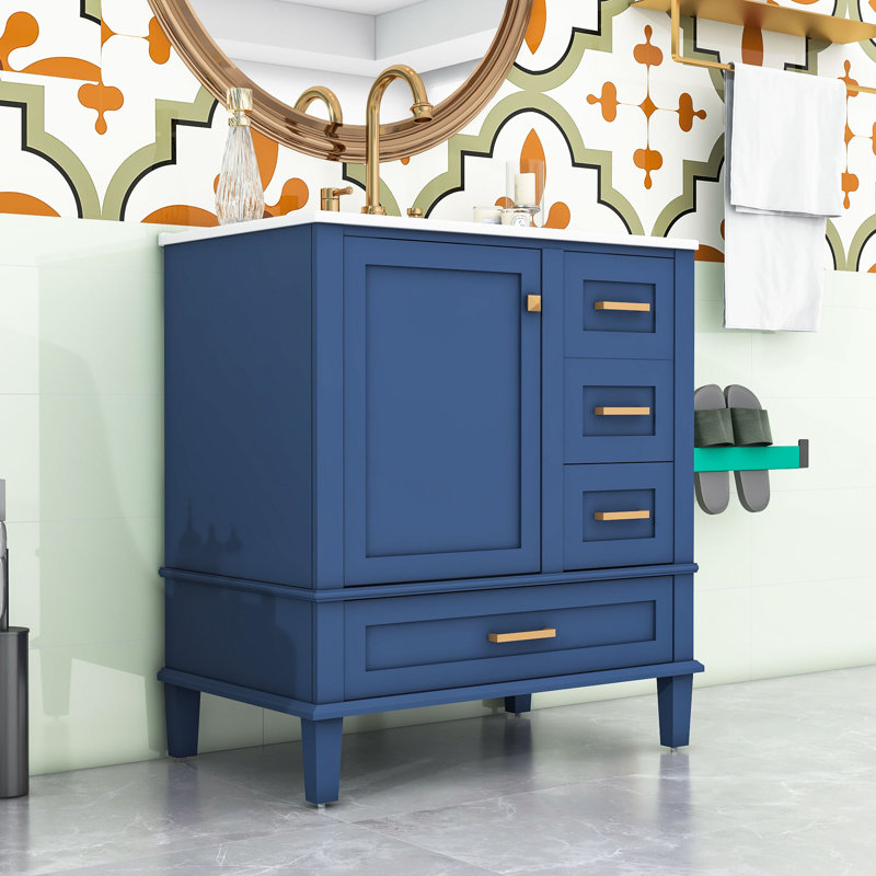 Armoire de salle de bain avec porte à fermeture douce et 3 tiroirs, Bleu
