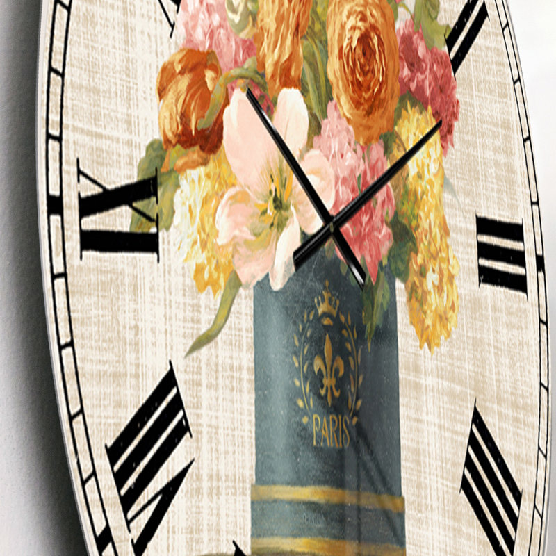 Tulipes dans une boîte à chapeau bleu sarcelle et or sur toile de lin - Horloge murale, Petit