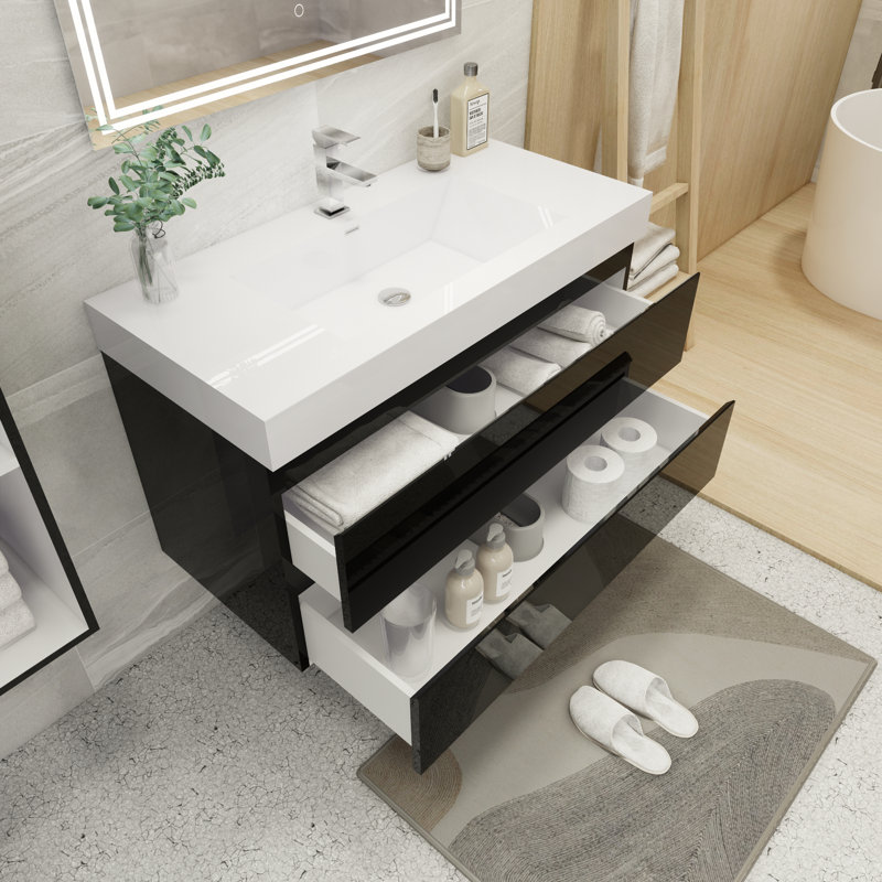 Meuble-lavabo mural simple de 42 po Carnetta, Noir très lustré